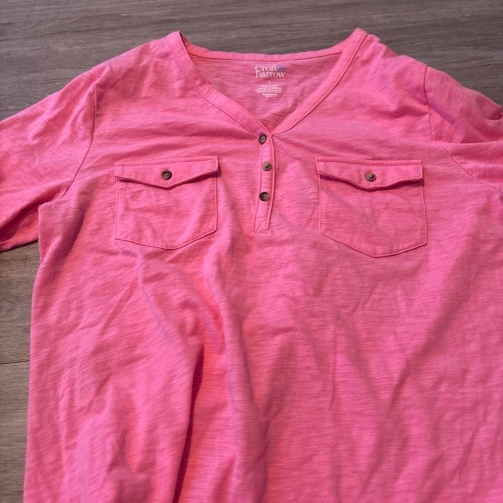 Bright pink Croft & Barrow henley tee with button-front detail